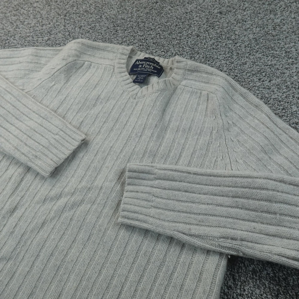 VTG Abercrombie Fitch Sweater Mens L Gray Lambswool V Neck Rib Knit Pullover 90s